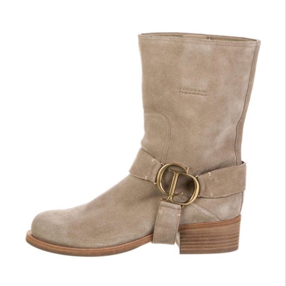 🌙 CHRISTIAN DIOR TAUPE SUEDE MOTO BOOTS 🌙 - Picture 1 of 6